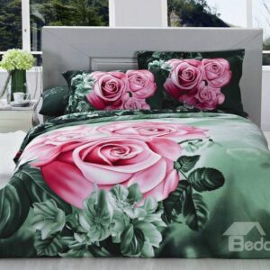 Fabulous Pink Rose and Green Leaves Print 4-Piece Cotton Duvet Cover Sets