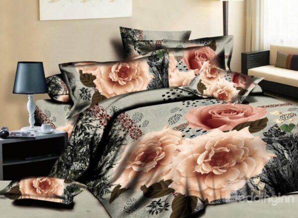 Noble Flower with Black Background Print 4-Piece Cotton Duvet Cover Sets