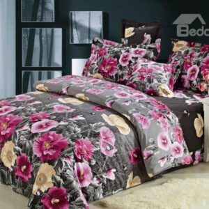 Attractive Blooming Pink Flower Print 4-Piece Cotton Duvet Cover Sets
