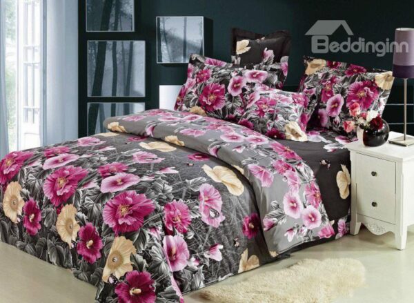 Attractive Blooming Pink Flower Print 4-Piece Cotton Duvet Cover Sets