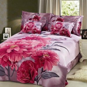 Elegant Red Peony Print 4-Piece Cotton Duvet Cover Sets