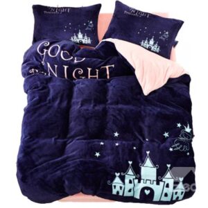Dark Blue Angel and Castle Print 4-Piece Coral Fleece Duvet Cover Sets