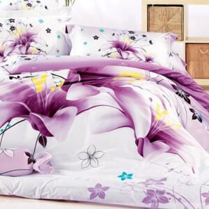 Stunning Purple Lily Print 4-Piece Cotton Duvet Cover Sets