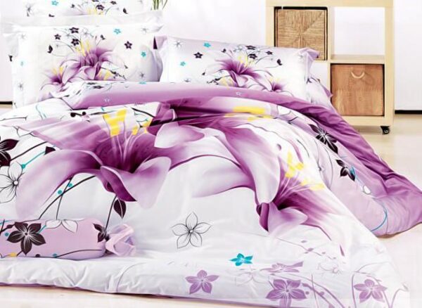 Stunning Purple Lily Print 4-Piece Cotton Duvet Cover Sets