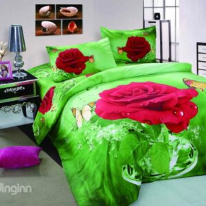 Charming Red Rose and Butterfly with Green Background 4-Piece Duvet Cover Sets