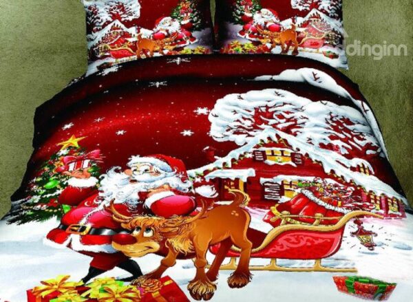 Santa and the Reindeer Print 4-Piece Cotton Christmas Gift Duvet Cover Sets