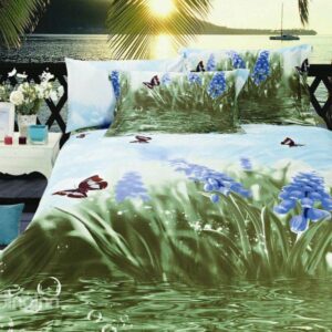 Fancy Blue Flower and Green Water Print 4-Piece 3D Cotton Duvet Cover Sets