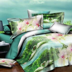 White Swan Couple in Lake and Green Woods Print 4-Piece Polyester Duvet Cover Sets