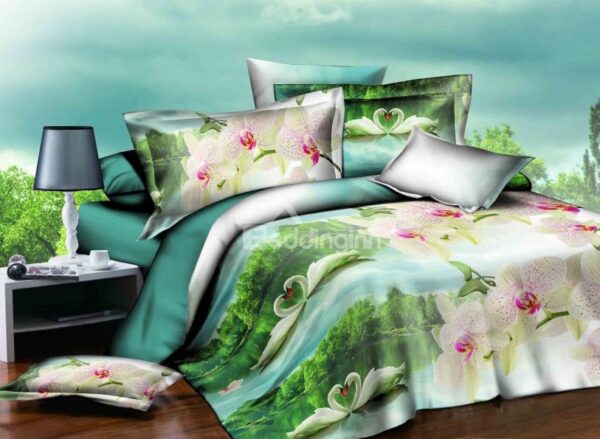 White Swan Couple in Lake and Green Woods Print 4-Piece Polyester Duvet Cover Sets