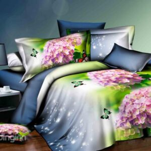 Pink Hydrangea Flower and Butterfly Print 4-Piece Polyester Duvet Cover Sets