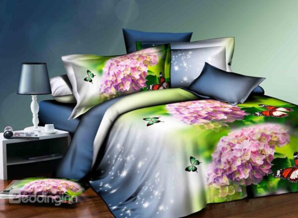 Pink Hydrangea Flower and Butterfly Print 4-Piece Polyester Duvet Cover Sets