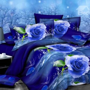 Graceful Blue Rose Print 4-Piece Polyester Duvet Cover Sets