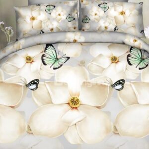 Amazing White Flower and Green Butterfly Print 4-Piece Polyester 3D Duvet Cover Sets