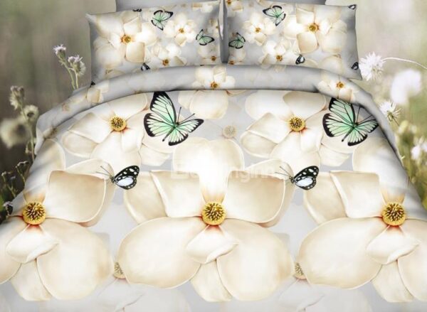 Amazing White Flower and Green Butterfly Print 4-Piece Polyester 3D Duvet Cover Sets