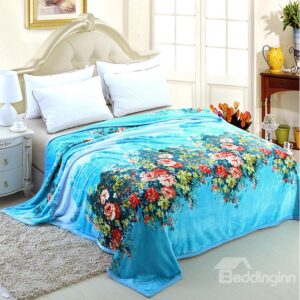 Fresh Colorful Flowers Pattern Sky Blue Blanket