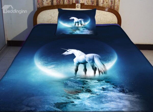 Beautiful Blue Unicorn Print 4-Piece Duvet Cover Sets