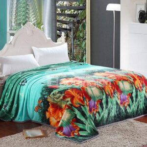 Amazing Green Leaves Orange Red Flowers Pattern Thicken Blanket