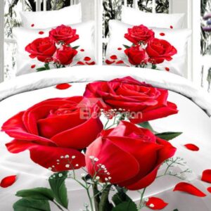 Romantic Red Roses Print 4-Piece 100% Cotton Duvet Cover Sets