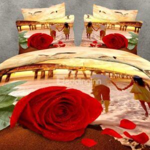 Fancy Red Rose and Couple Print 4-Piece 100% Cotton Duvet Cover Sets