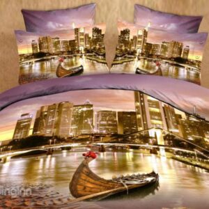 Seaside City and Little Boat Print 4-Piece Cotton Duvet Cover Sets