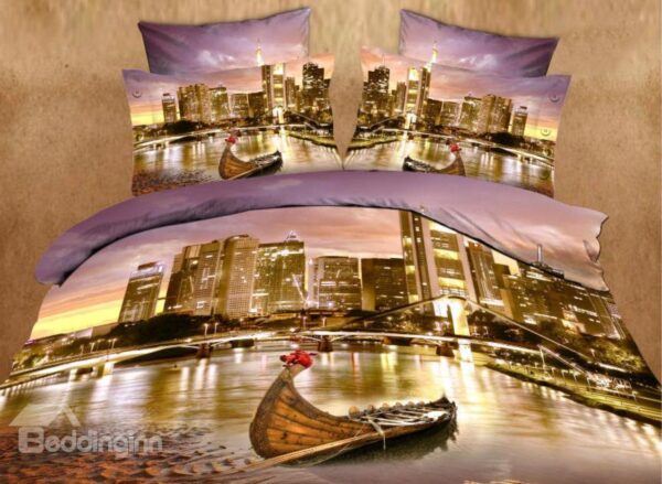 Seaside City and Little Boat Print 4-Piece Cotton Duvet Cover Sets