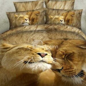 Affecting Lion Couples' Life Print 4-Piece Cotton Duvet Cover Sets