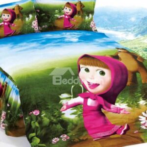 Beautiful Girl and Brown Bear Print 3-Piece Cotton Duvet Cover Sets