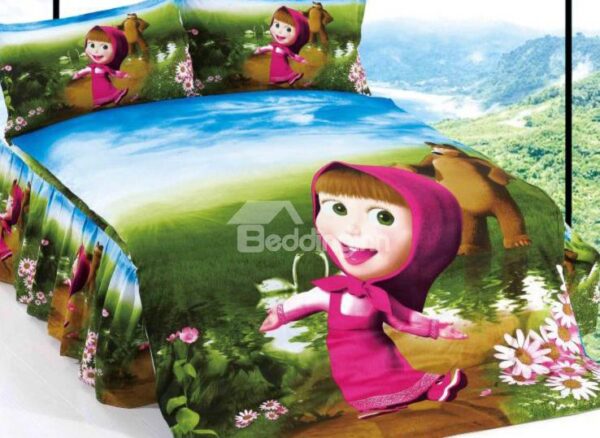 Beautiful Girl and Brown Bear Print 3-Piece Cotton Duvet Cover Sets
