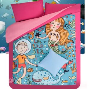 Comfortable Mermaid and Blue Whale Print 4-Piece Coral Fleece Duvet Cover Sets