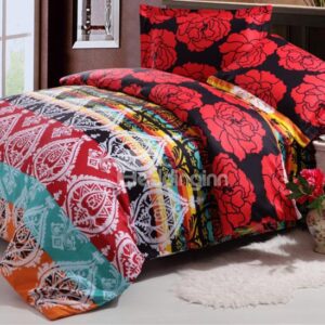 Top Class Red Flower and Exotic Pattern 4-Piece Reversible Cotton Duvet Cover Sets