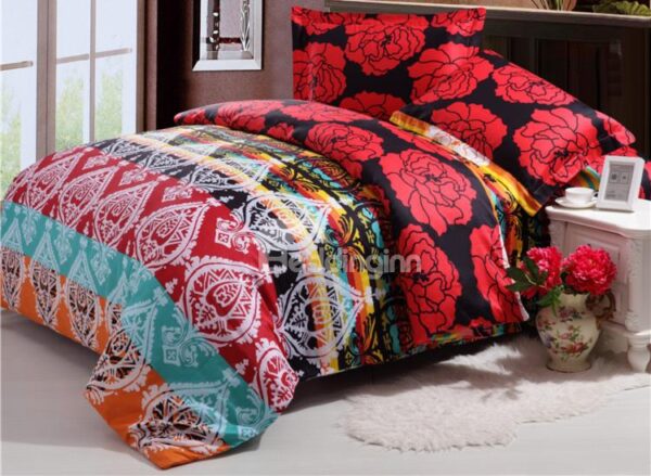 Top Class Red Flower and Exotic Pattern 4-Piece Reversible Cotton Duvet Cover Sets