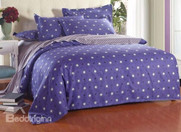 Black and White Polka Dot with Blue Background Reversible 4-Piece Cotton Duvet Cover Sets
