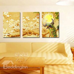 The Peacock and Flowers 3-Pieces of Crystal Film Art Wall Print
