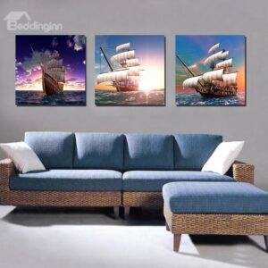 Sailing Boat with Sun 3-Pieces of Crystal Film Art Wall Print