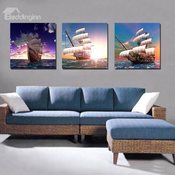 Sailing Boat with Sun 3-Pieces of Crystal Film Art Wall Print