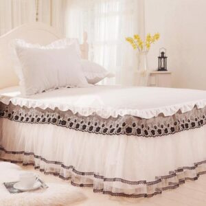Fantastic Beige Lace Border Black Flowers Pattern Bed Skirt
