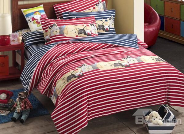 Lovely Baby Dog Print Reversible 4-Piece Cotton Duvet Cover Sets