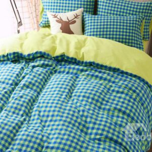 Minimalist Green Grid Print 4-Piece Combed Cotton Duvet Cover Sets