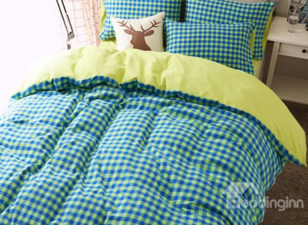 Minimalist Green Grid Print 4-Piece Combed Cotton Duvet Cover Sets