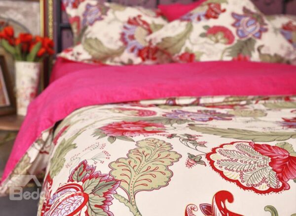 Secret Garden Bright Red Flower Print 4-Piece Cotton Duvet Cover Sets