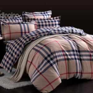 Top Class Blue and Red Grid Pattern 4-Piece Cotton Duvet Cover Sets