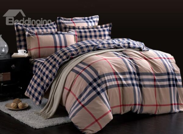 Top Class Blue and Red Grid Pattern 4-Piece Cotton Duvet Cover Sets