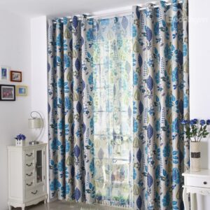Hot Selling Beautiful Blue Floral Pattern Grommet Top Curtain