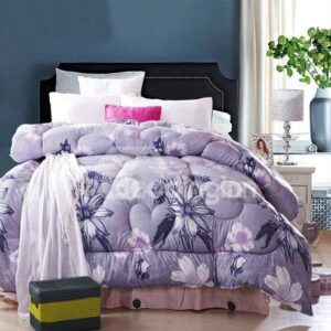 Gorgeous Light Blue Flowers and Branch Thicken Light Purple Quilt