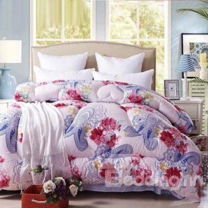 Concise Style Red and Blue Flowers Thicken Quilt