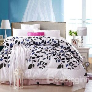 Concise Style Black and Blue Leaves and Branches Thicken Quilt