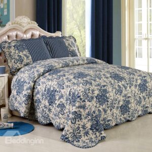 Hand Made Blue Flowers Print 100% Cotton Bed in a Bag Set