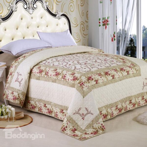 Stylish Hand Made Red Flowers Print 100% Cotton Quilt