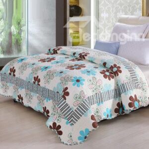 Fresh Flower Petal Print Coffee Color Stripes Comfortable Quilt
