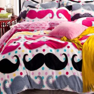 Super Soft Funny Mustache Print 4-Piece Coral Fleece Duvet Cover Sets